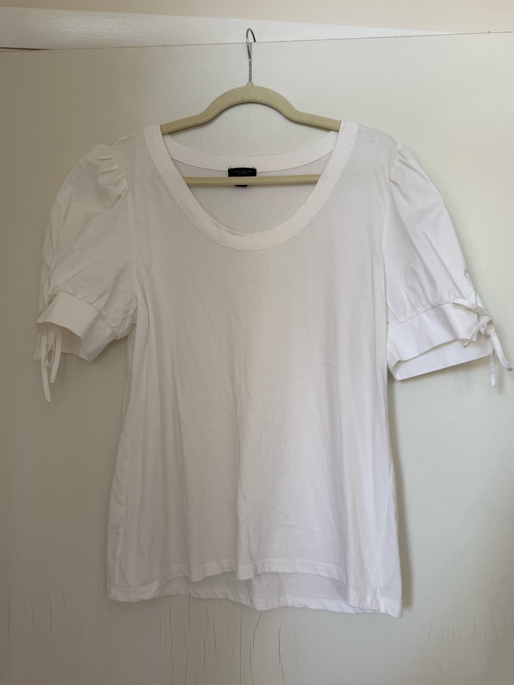 Ann Taylor White Short Sleeve Scoop Neck Top with Tie Sleeves